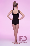 Sleeveless dance bodysuit with mesh yoke and velor chest insert