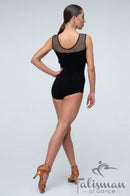 Black bodysuit for dancing with a long fringe on the chest. Mesh Workout Bodysuit