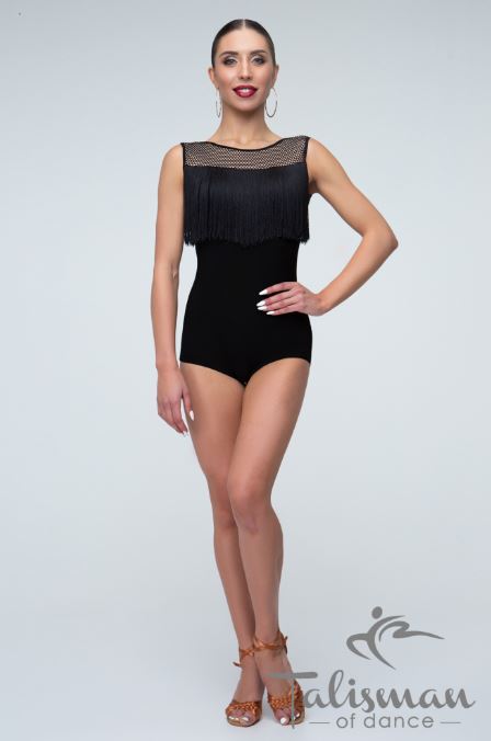 Black bodysuit for dancing with a long fringe on the chest. Mesh Workout Bodysuit