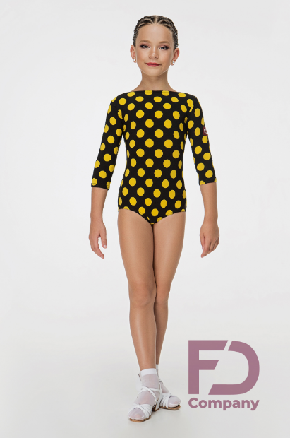Black bodysuit with yellow polka dots for dancing. Tango bodysuit with 3/4 sleeves