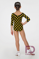 Black bodysuit with yellow polka dots for dancing. Tango bodysuit with 3/4 sleeves