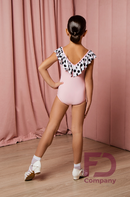 Light pink bodysuit with black polka dot collar. Sleeveless dance bodysuit. Workout clothes