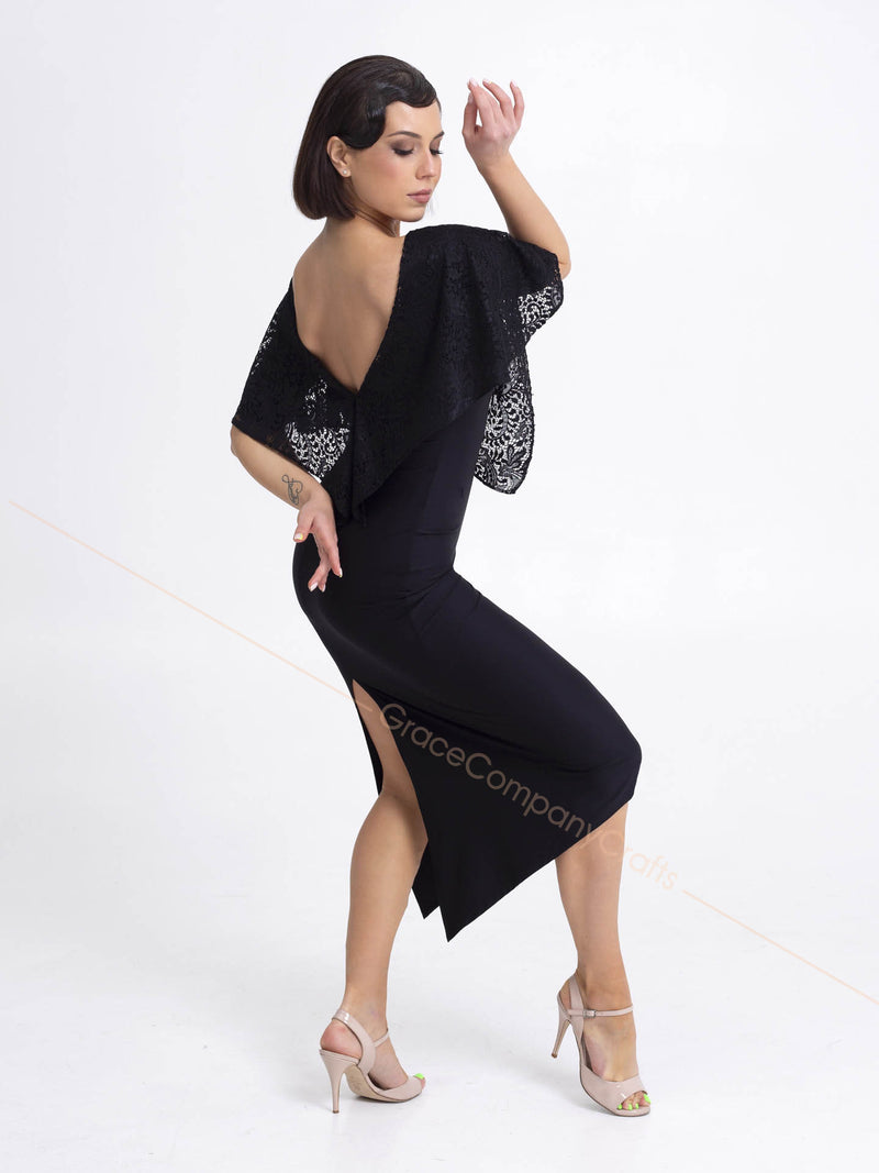 tango dress black Black Tango Dress With a High Slit. One Shoulder Dance Dress. One Sleeve Dress