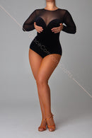 Black bodysuit in black velor and mesh. Bodysuit for ballroom dancing