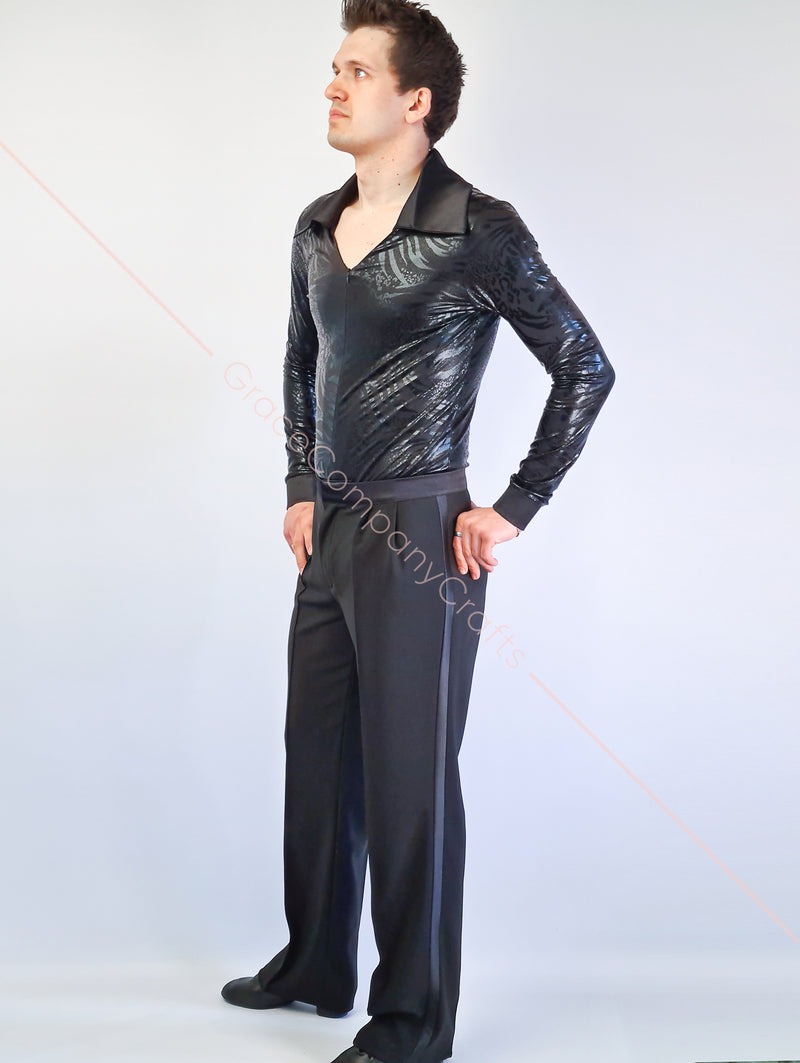 Men's ballroom dance trousers without pockets, with tucks, satin stripes