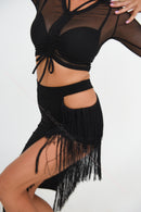 Stretch jersey fringed skirt with asymmetrical hem