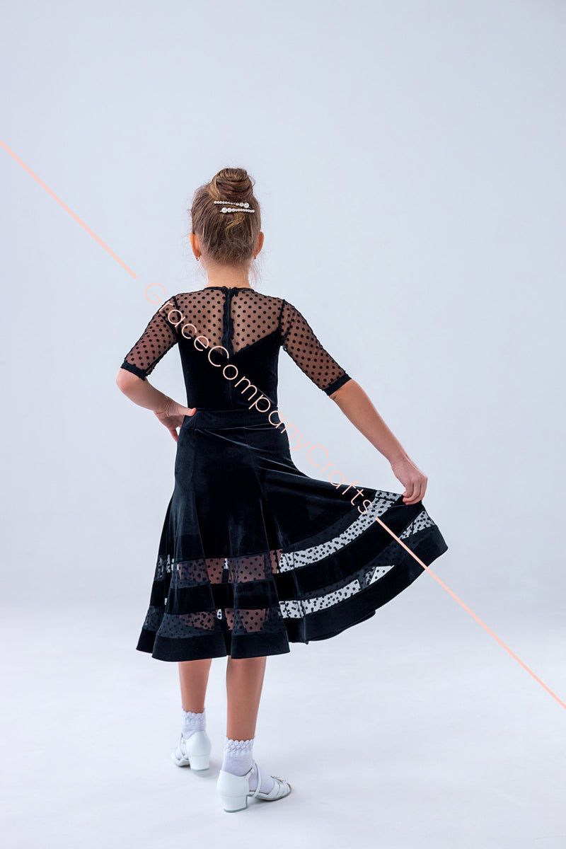 Ballroom dance floor dress in velor with polka dot mesh trim