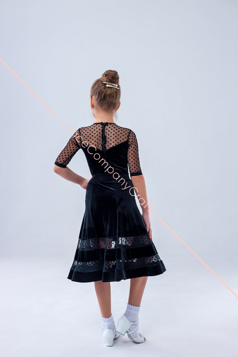 Ballroom dance floor dress in velor with polka dot mesh trim