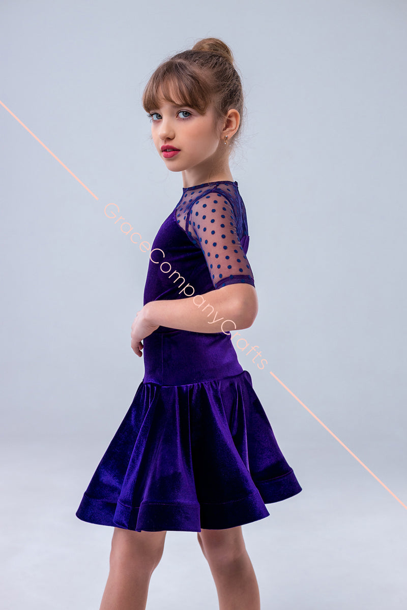 Velor dance floor dress with polka dot mesh inserts
