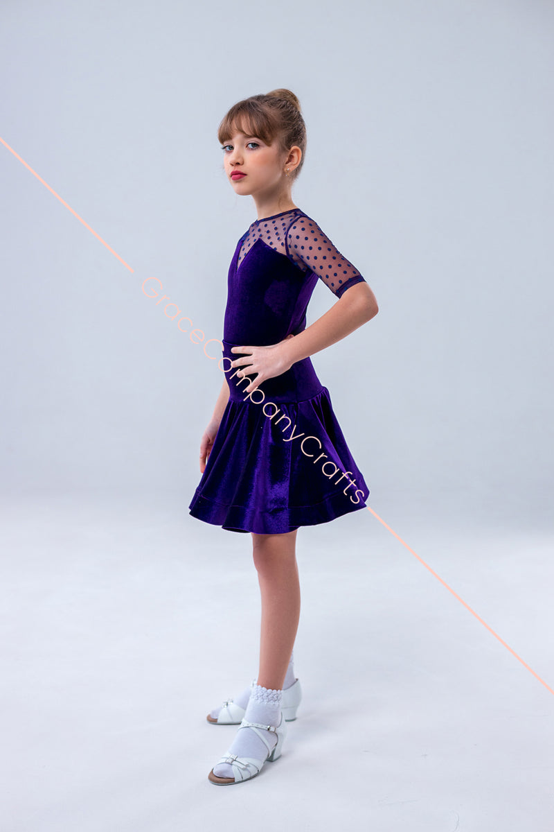 Velor dance floor dress with polka dot mesh inserts