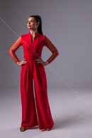 Red jumpsuit with mesh sleeves