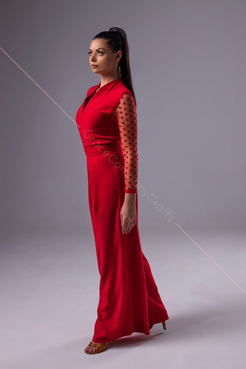 Red jumpsuit with mesh sleeves