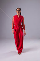 Red jumpsuit with mesh sleeves