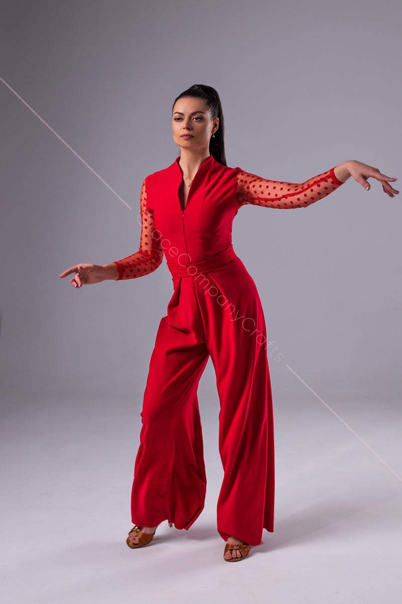 Red jumpsuit with mesh sleeves