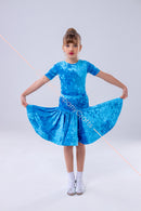 Blue dress for the dance floor made of velor, with a bow