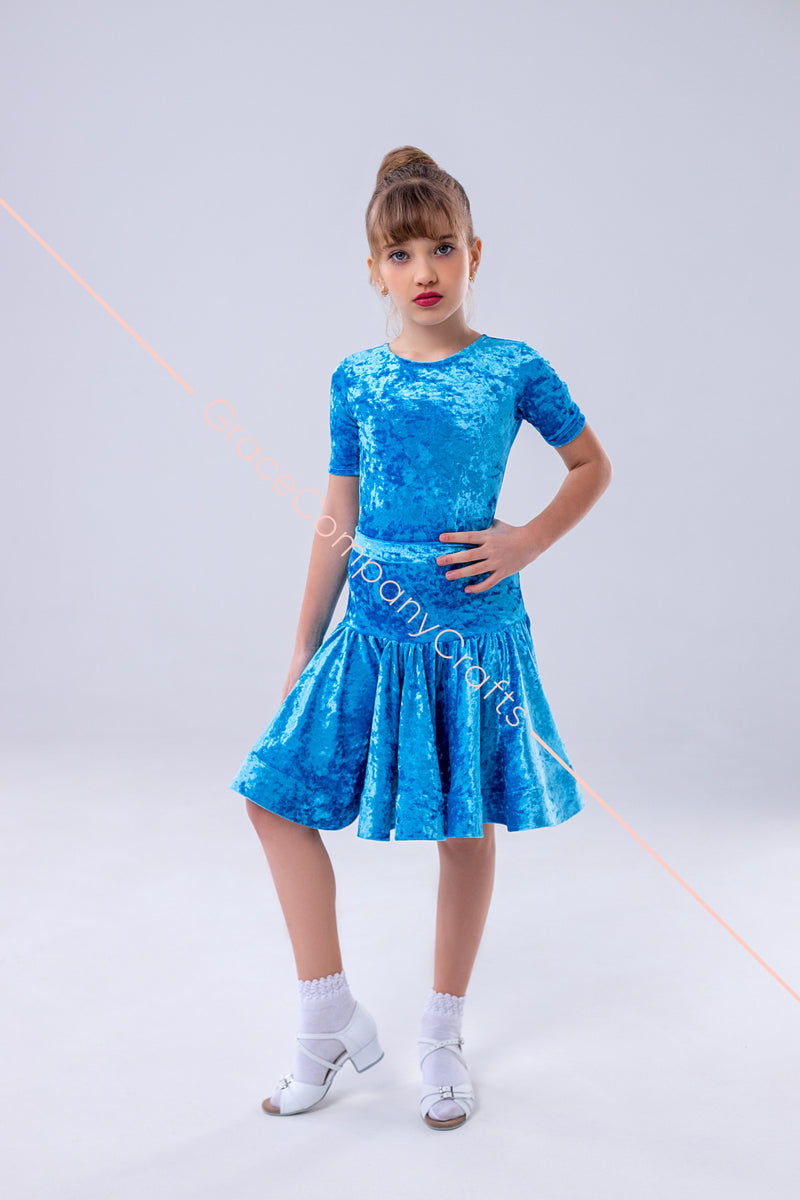 Blue dress for the dance floor made of velor, with a bow