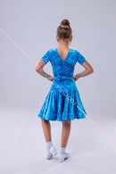 Blue dress for the dance floor made of velor, with a bow