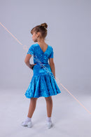 Blue dress for the dance floor made of velor, with a bow