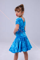 Blue dress for the dance floor made of velor, with a bow