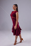 Dark red dance dress with printed guipure insert