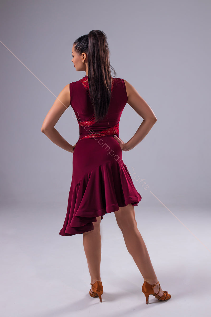 Dark red dance dress with printed guipure insert