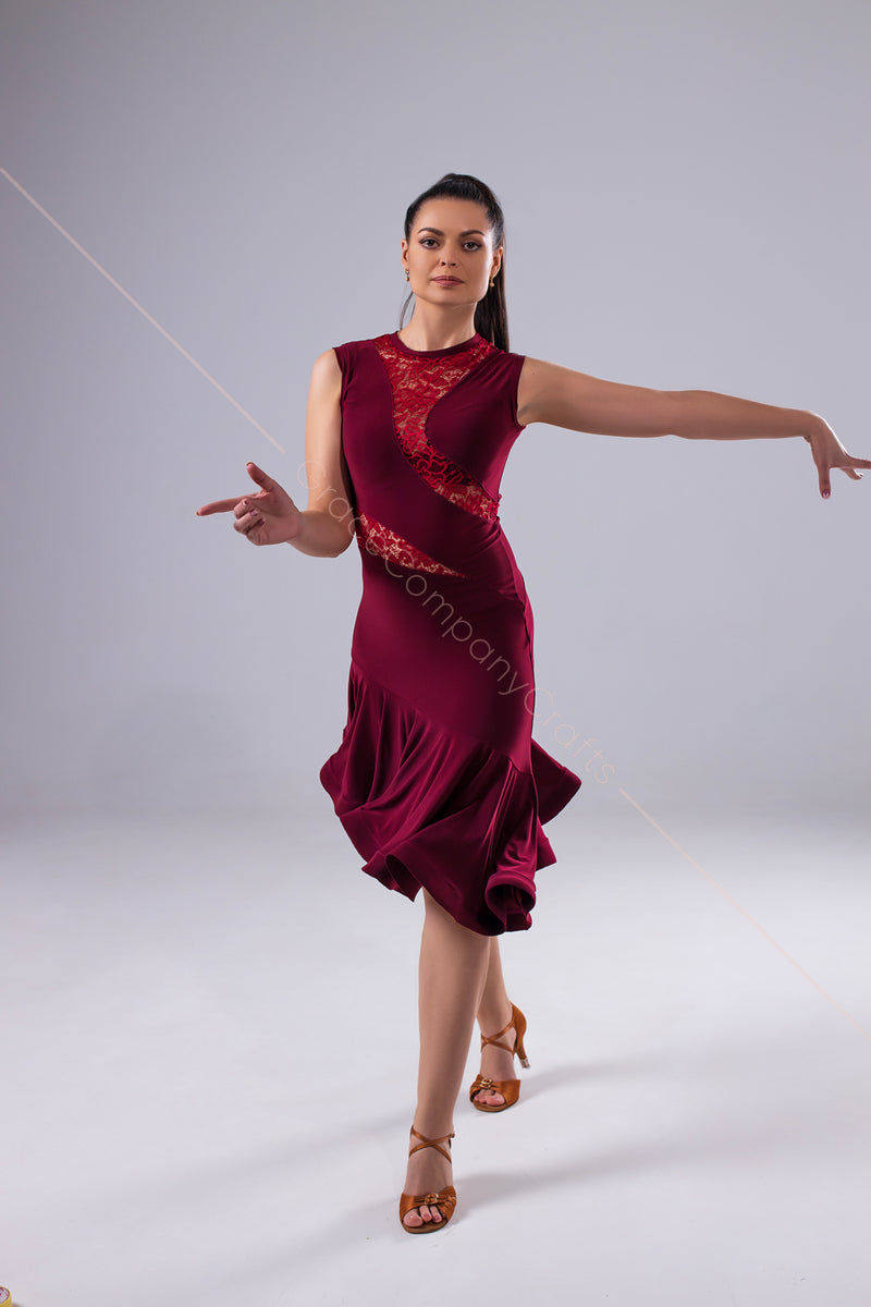 Dark red dance dress with printed guipure insert