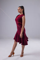 Dark red dance dress with printed guipure insert