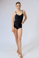 Black bodysuit with straps. Bodysuit for dancing with cups