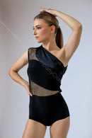 Unusual black bodysuit with mesh and supplex inserts