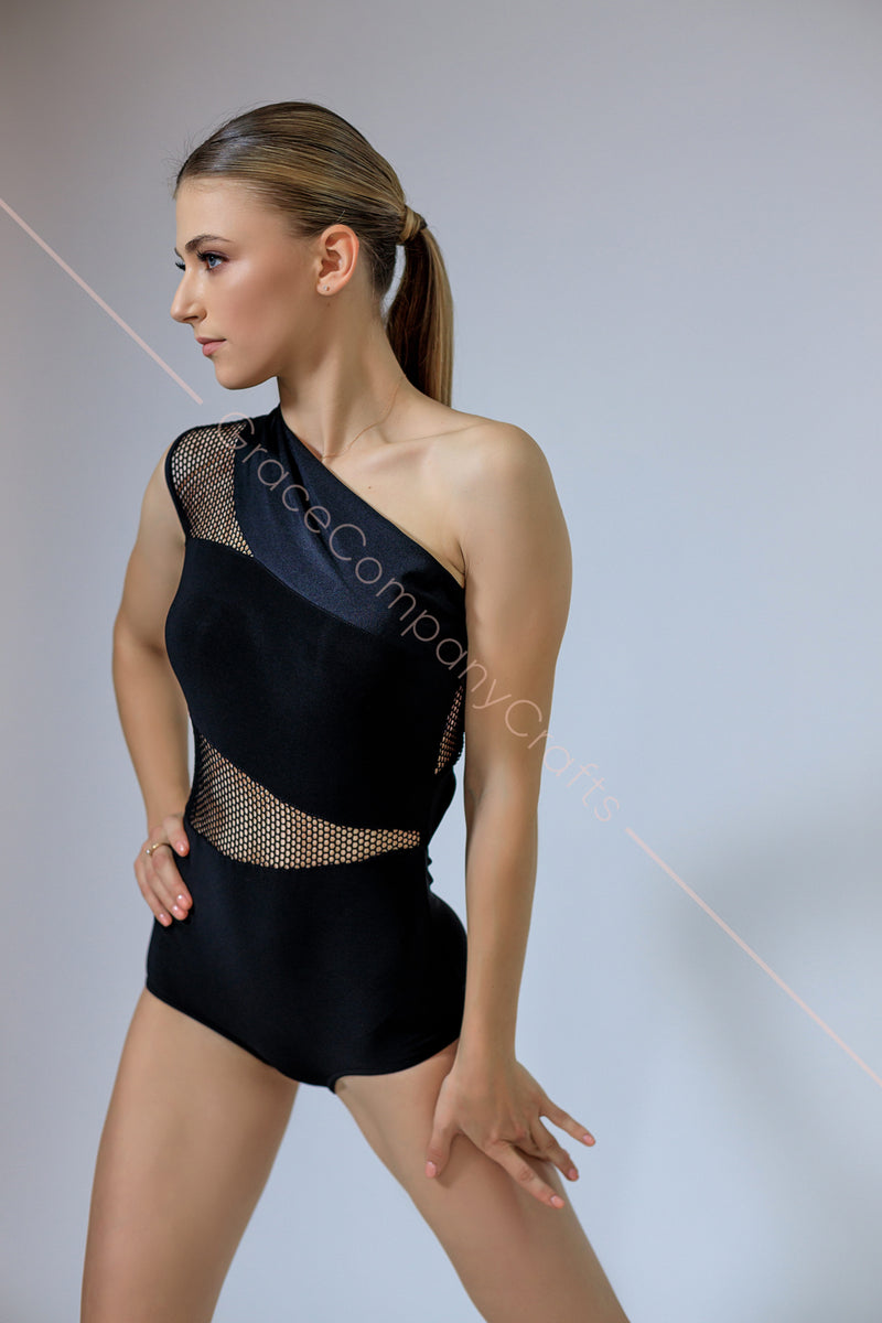 Unusual black bodysuit with mesh and supplex inserts