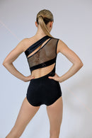 Unusual black bodysuit with mesh and supplex inserts