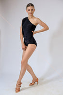 Black one-shoulder dance bodysuit. Ballroom dance bodysuit with ties