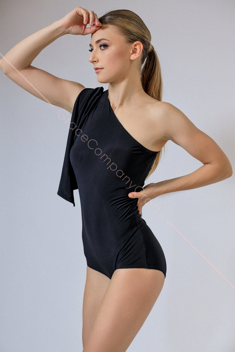 Black one-shoulder dance bodysuit. Ballroom dance bodysuit with ties