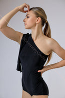 Black one-shoulder dance bodysuit. Ballroom dance bodysuit with ties