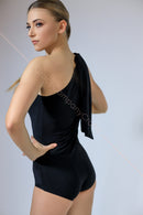 Black one-shoulder dance bodysuit. Ballroom dance bodysuit with ties