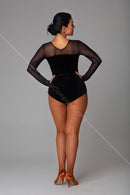 Black bodysuit in black velor and mesh. Bodysuit for ballroom dancing