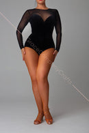 Black bodysuit in black velor and mesh. Bodysuit for ballroom dancing
