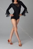Black bodysuit with long sleeves and fringe. Bodysuit with an open back