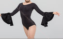 Black bodysuit for dancing with puffy sleeves. Ballroom dance bodysuit with long sleeves. Open back bodysuit