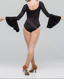 Black bodysuit for dancing with puffy sleeves. Ballroom dance bodysuit with long sleeves. Open back bodysuit