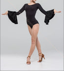 Black bodysuit for dancing with puffy sleeves. Ballroom dance bodysuit with long sleeves. Open back bodysuit