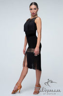 Black bodysuit for dancing with a long fringe on the chest. Mesh Workout Bodysuit