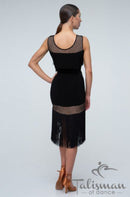 Black bodysuit for dancing with a long fringe on the chest. Mesh Workout Bodysuit