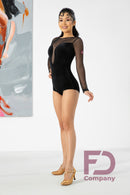 Bodysuit for dancing in black velor with stripes. Long sleeve mesh bodysuit. Ballroom dance bodysuit with open back