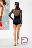 Bodysuit for dancing in black velor with stripes. Long sleeve mesh bodysuit. Ballroom dance bodysuit with open back