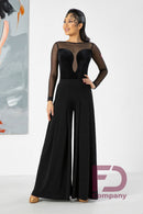 Bodysuit for dancing in black velor with stripes. Long sleeve mesh bodysuit. Ballroom dance bodysuit with open back