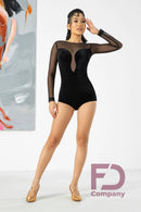 Bodysuit for dancing in black velor with stripes. Long sleeve mesh bodysuit. Ballroom dance bodysuit with open back
