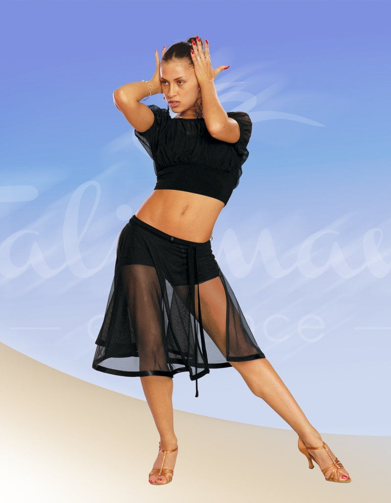 Elegant mesh overlay skirt with Integrated shorts for latin dance