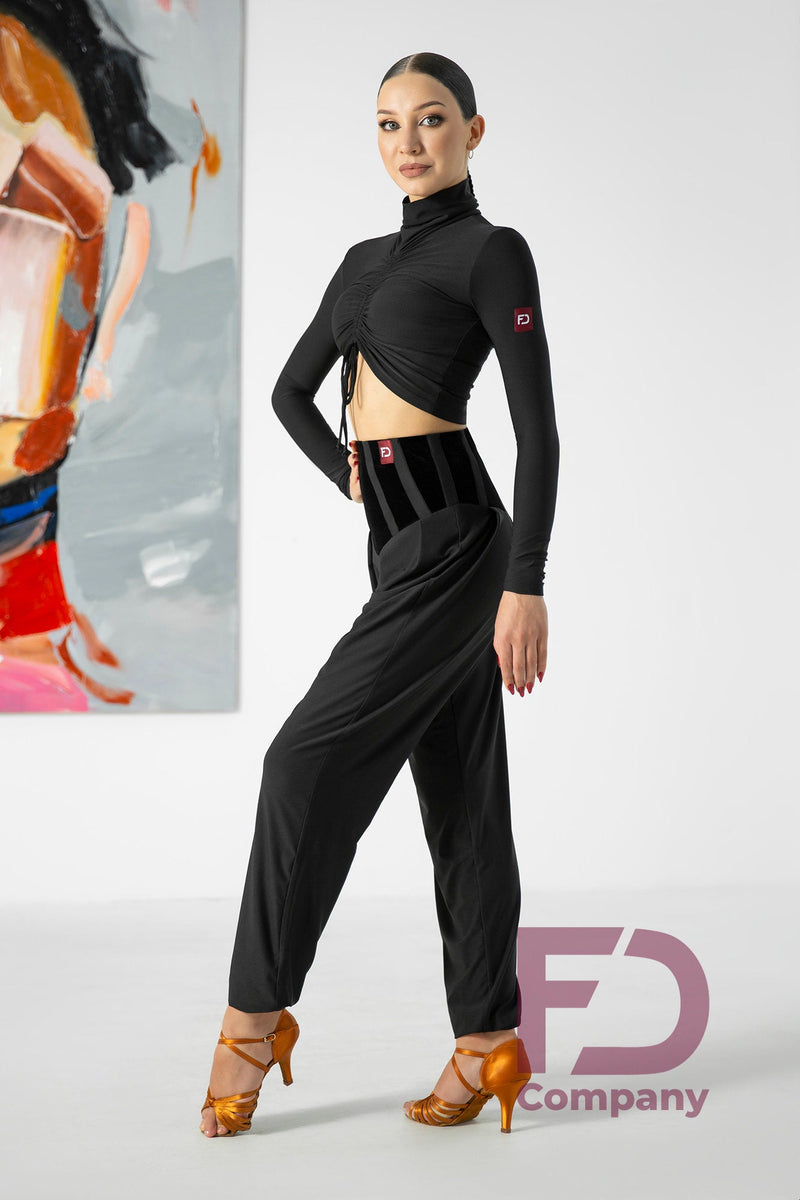Tapered black trousers for dancing. Women's tango trousers with velor inserts on the yoke