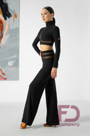 Black tango pants with mesh yoke. Women's straight leg dance trousers